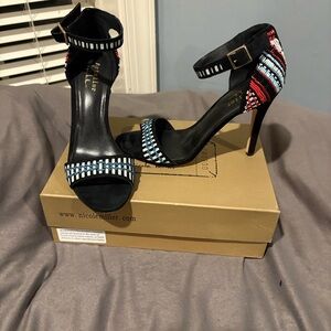 Nicole Miller Black Heels with Red and Blue Beading